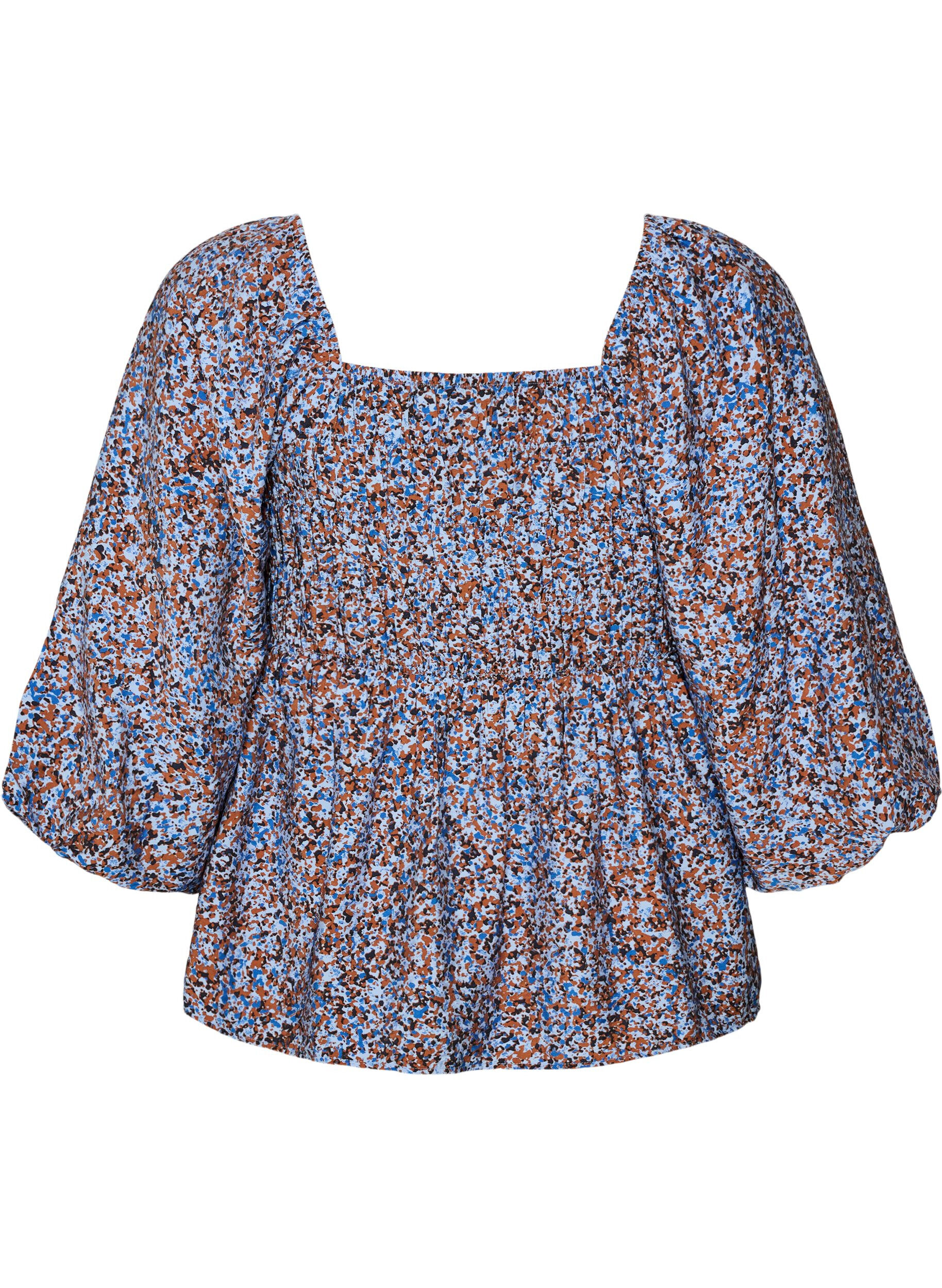 ZizziBluse med smock og firkantet halsudsk&aelig;ring, Bl&aring;, Packshot image number 1