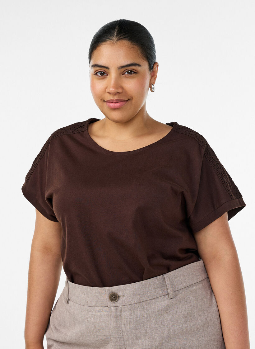 T-shirt i bomuld med crochetdetalje, Brun, Model image number 0