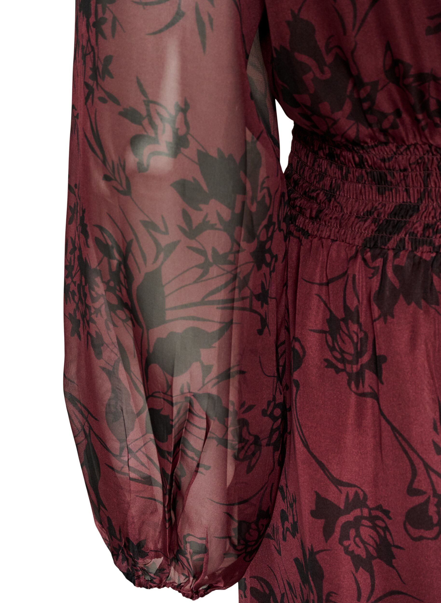 ZizziMaxikjole med blomsterprint og smock, M&oslash;rk Bordeaux, Packshot image number 3