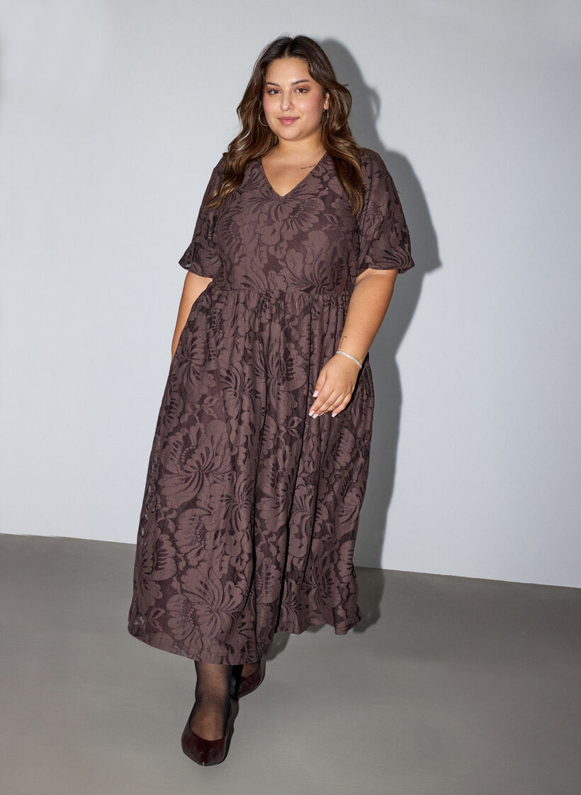 Midikjole med blomsterjacquard, Brun, Model image number 0