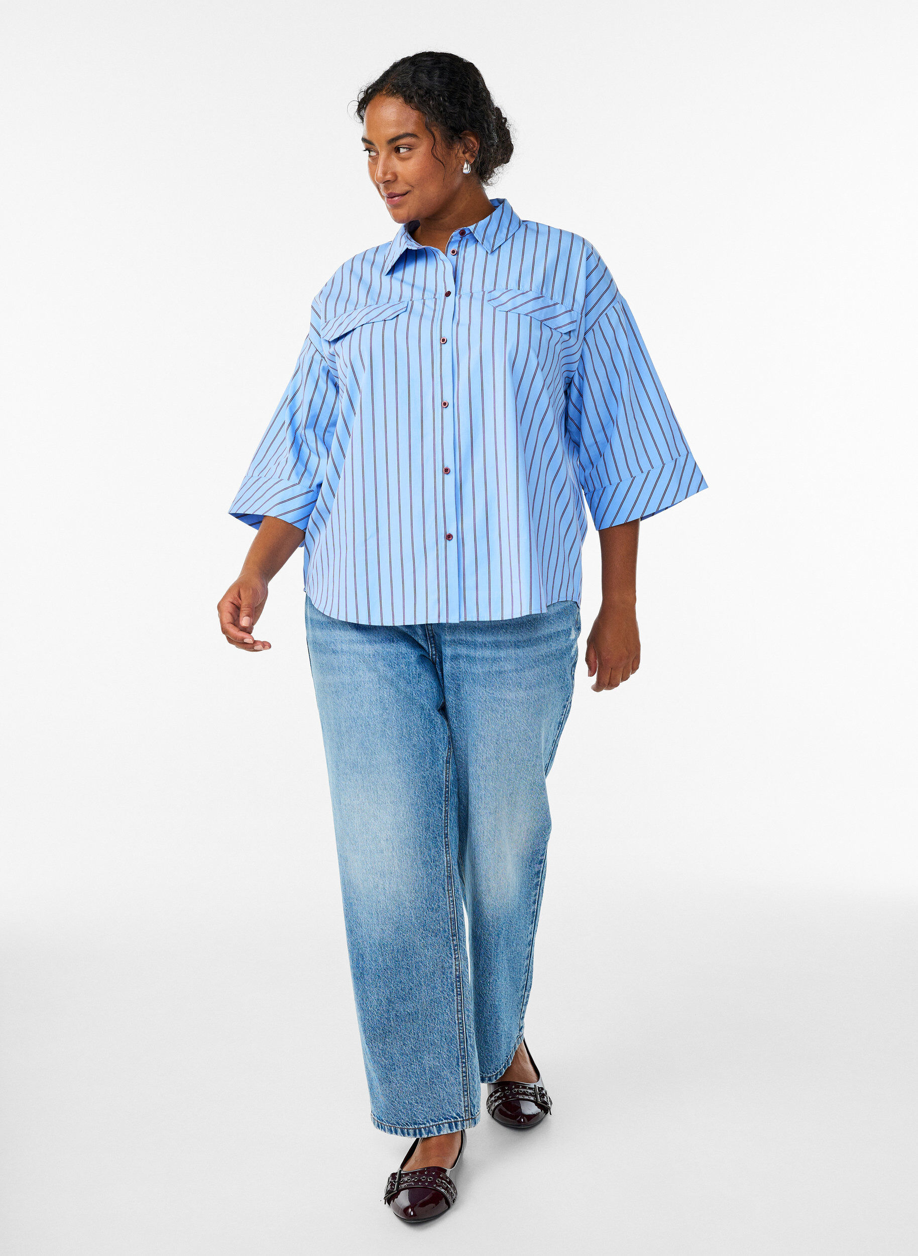 Zizzi Bomuldsskjorte med striber og vide &aelig;rmer, Bl&aring;, Model image number 1