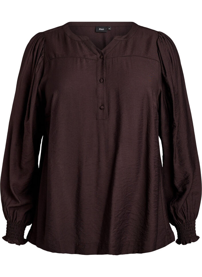 Viskosebluse med smock og rynkedetaljer, Brun, Packshot image number 0