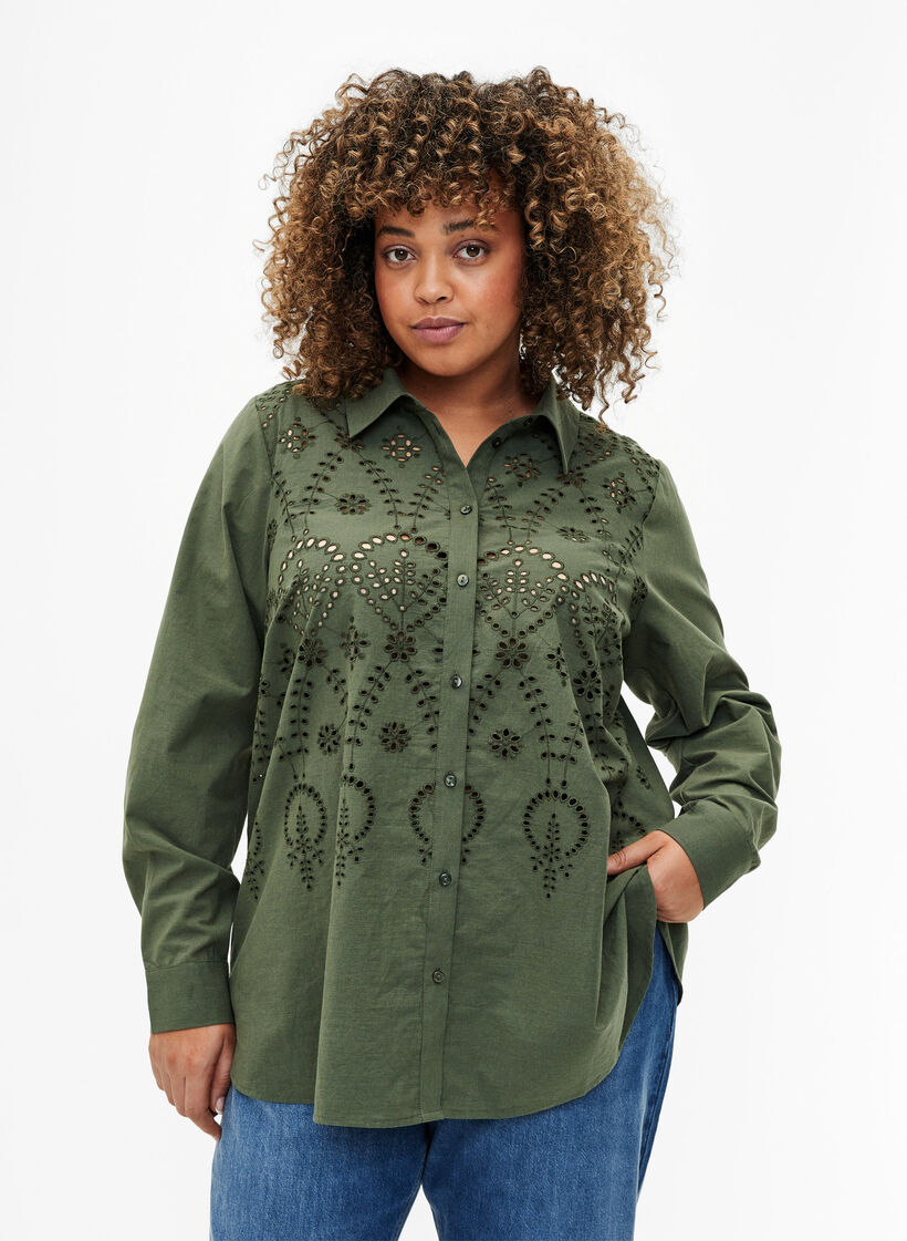 Skjorte i bomuld med broderi anglaise, Thyme, Model image number 0