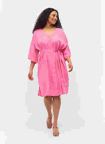 Kjole med 3/4 ærmer og bindebånd, Shocking Pink, Model image number 2