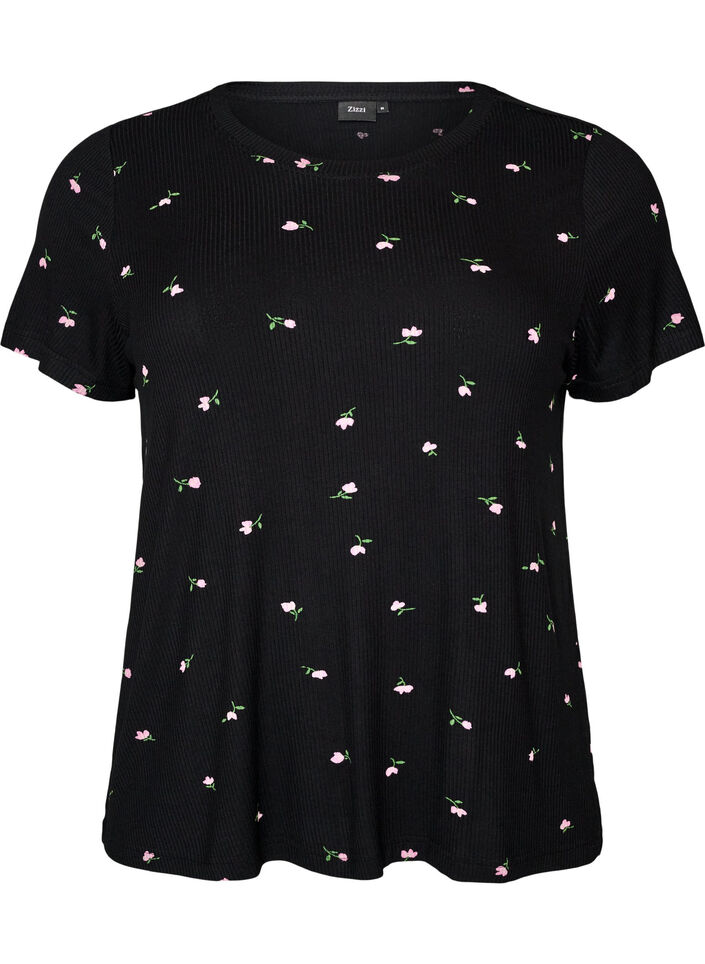 Pyjamastop med blomsterprint og ribstruktur, Sort, Packshot image number 0
