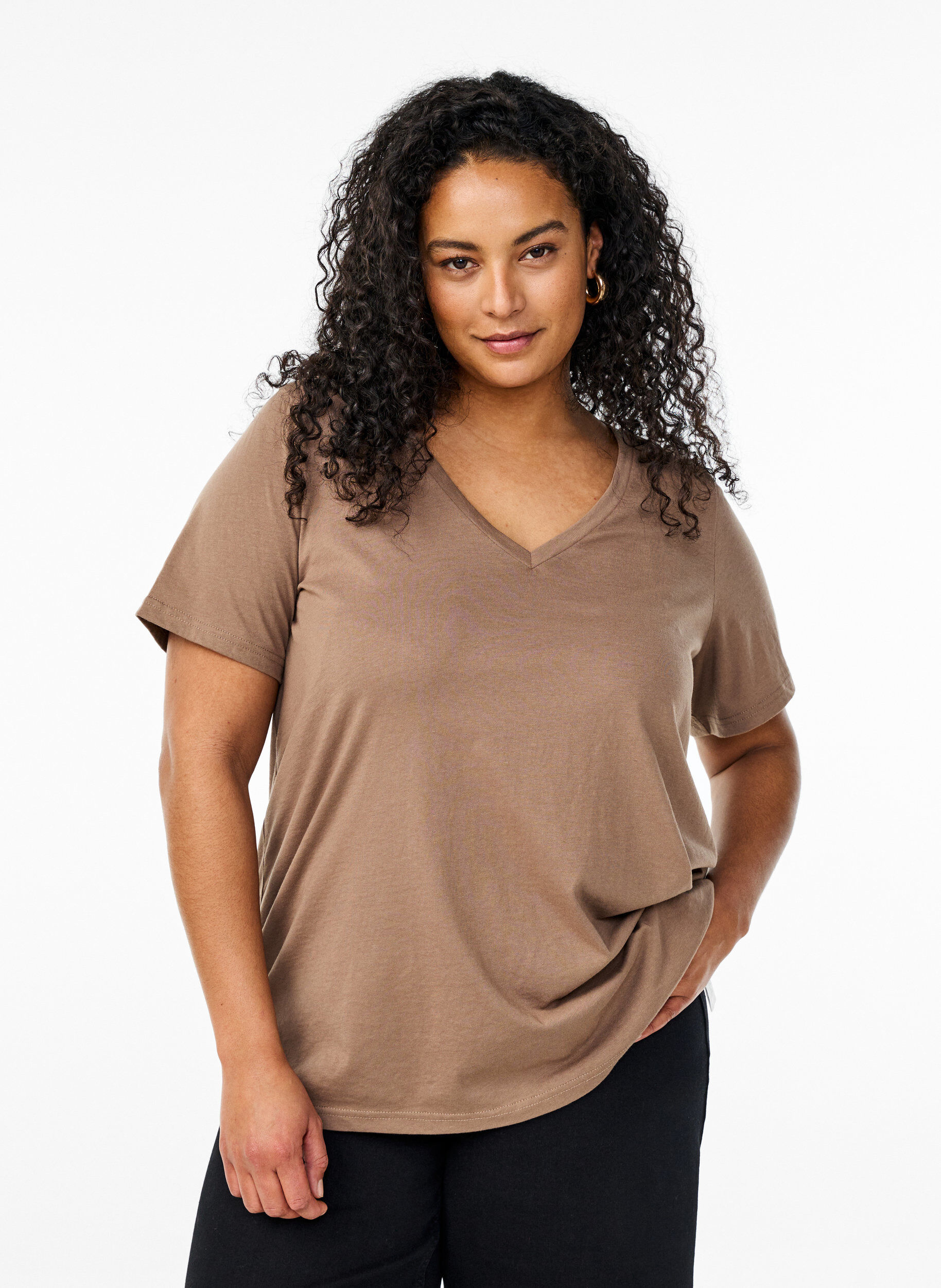 Zizzi T-shirt med v-hals, Brun, Model image number 0
