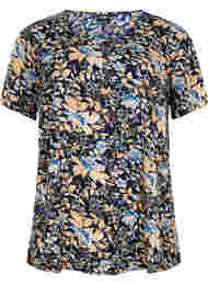 FLASH - Bluse med korte ærmer og print, Brown Blue Flower