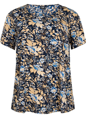 FLASH - Bluse med korte ærmer og print, Brown Blue Flower, Packshot image number 0