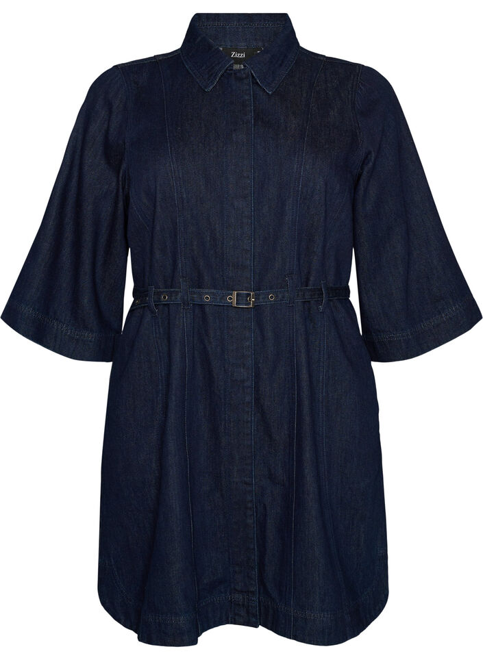 Denimkjole med b&aelig;lte og 3/4-&aelig;rmer, Bl&aring;, Packshot image number 0