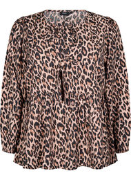 Peplumbluse med bindebånd og leoprint, Brun