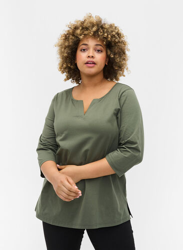 Ensfarvet bomulds bluse med 3/4 ærmer og slids, Thyme, Model image number 0