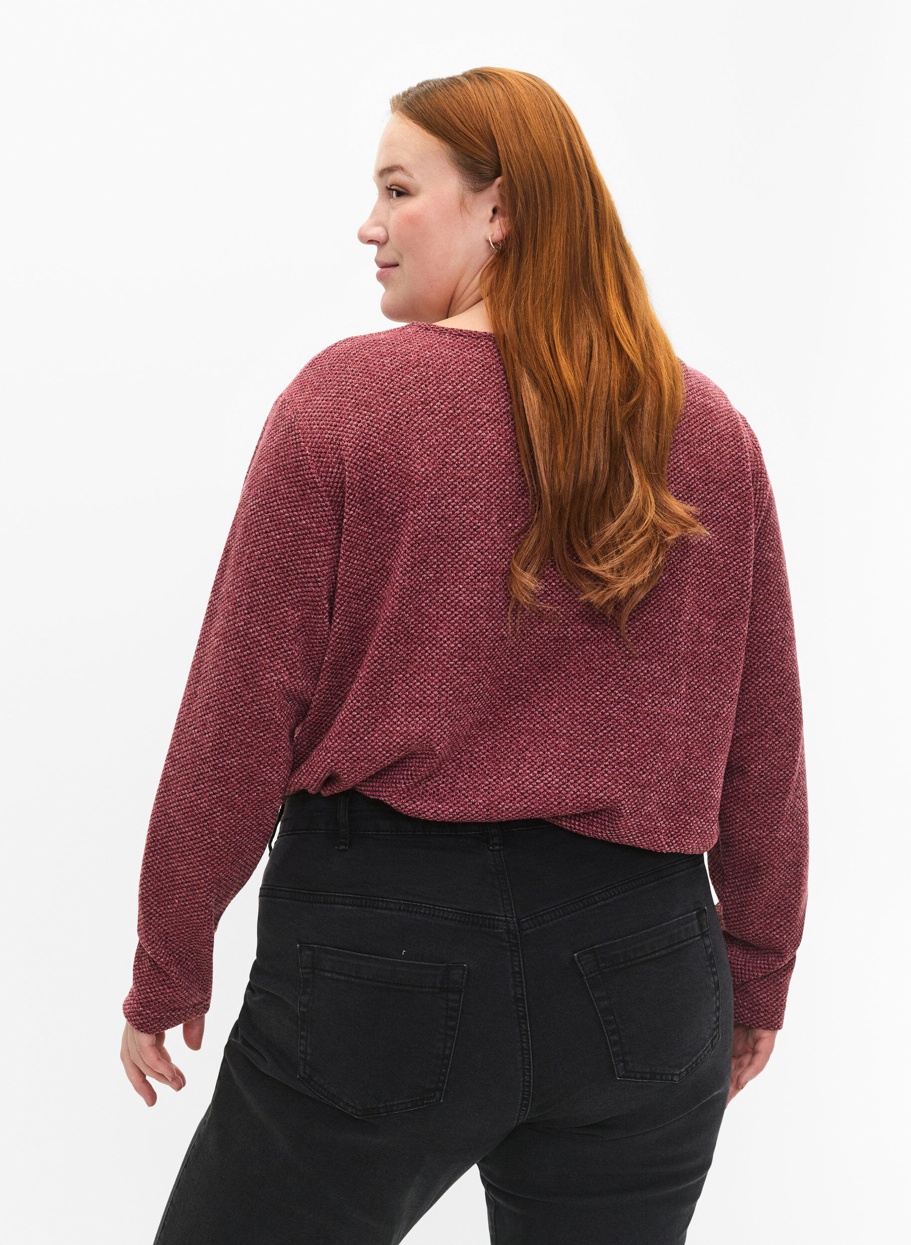 Zizzi Meleret bluse med rund hals og lange &aelig;rmer, Dry Rose, Model image number 1