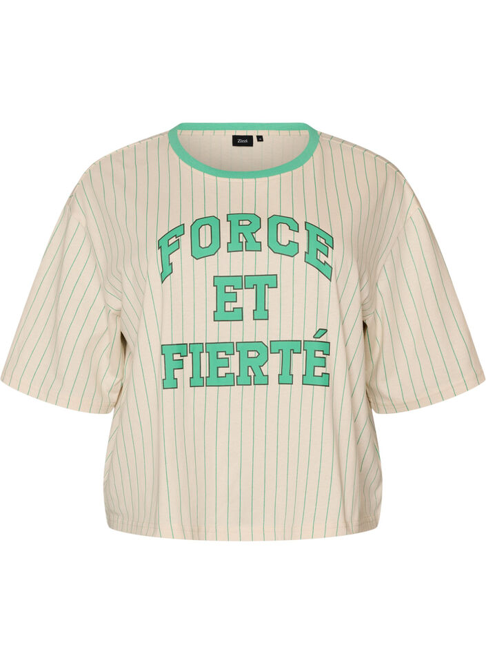 Boxy T-shirt med striber og statement-print, Vanilla, Packshot image number 0