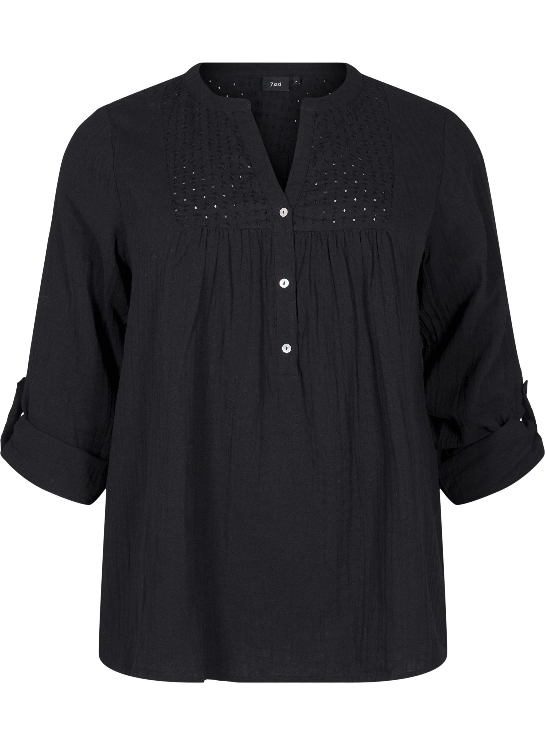 Zizzi Bluse i bomuld med broderi anglaise og 3/4 &aelig;rmer, Black, Packshot image number 0
