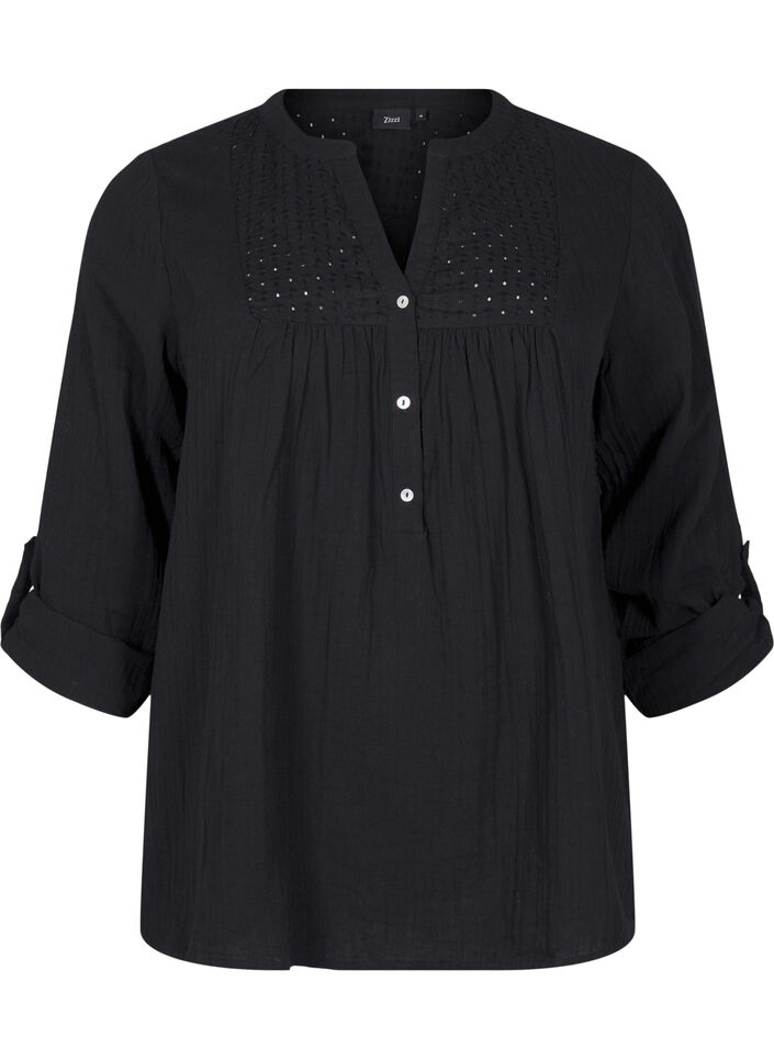 Bluse i bomuld med broderi anglaise og 3/4 ærmer, Black, Packshot image number 0