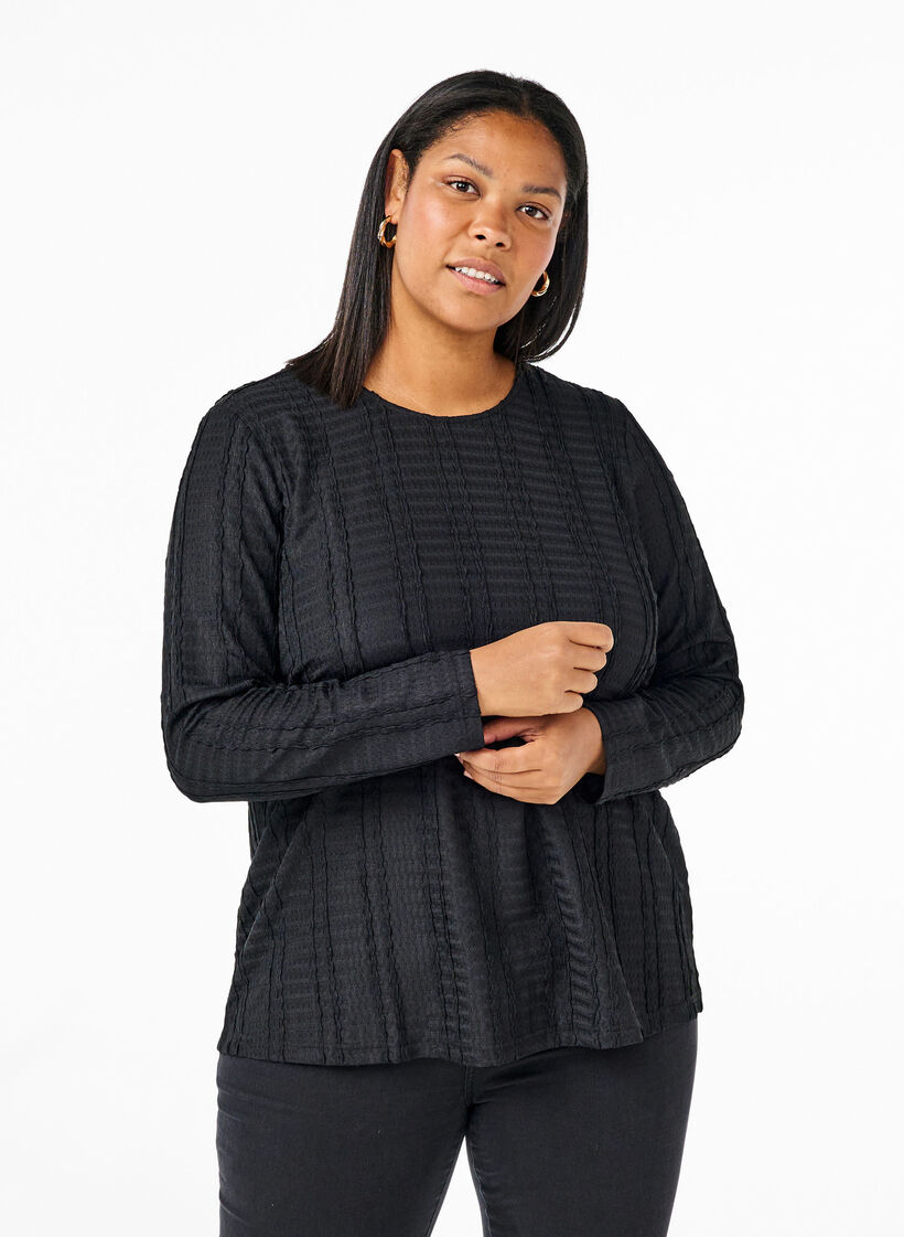 Bluse med lange ærmer og tekstur, Black, Model image number 0