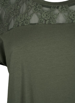 Kortærmet bomulds t-shirt med blonder, Thyme, Packshot image number 2