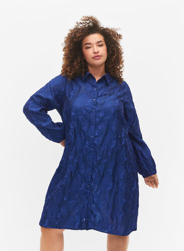 Lang skjorte i jacquard, Mazarine Blue, Model image number 0