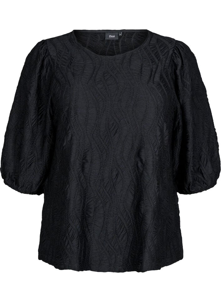 Bluse med tekstur og 3/4 &aelig;rmer, Sort, Packshot image number 0