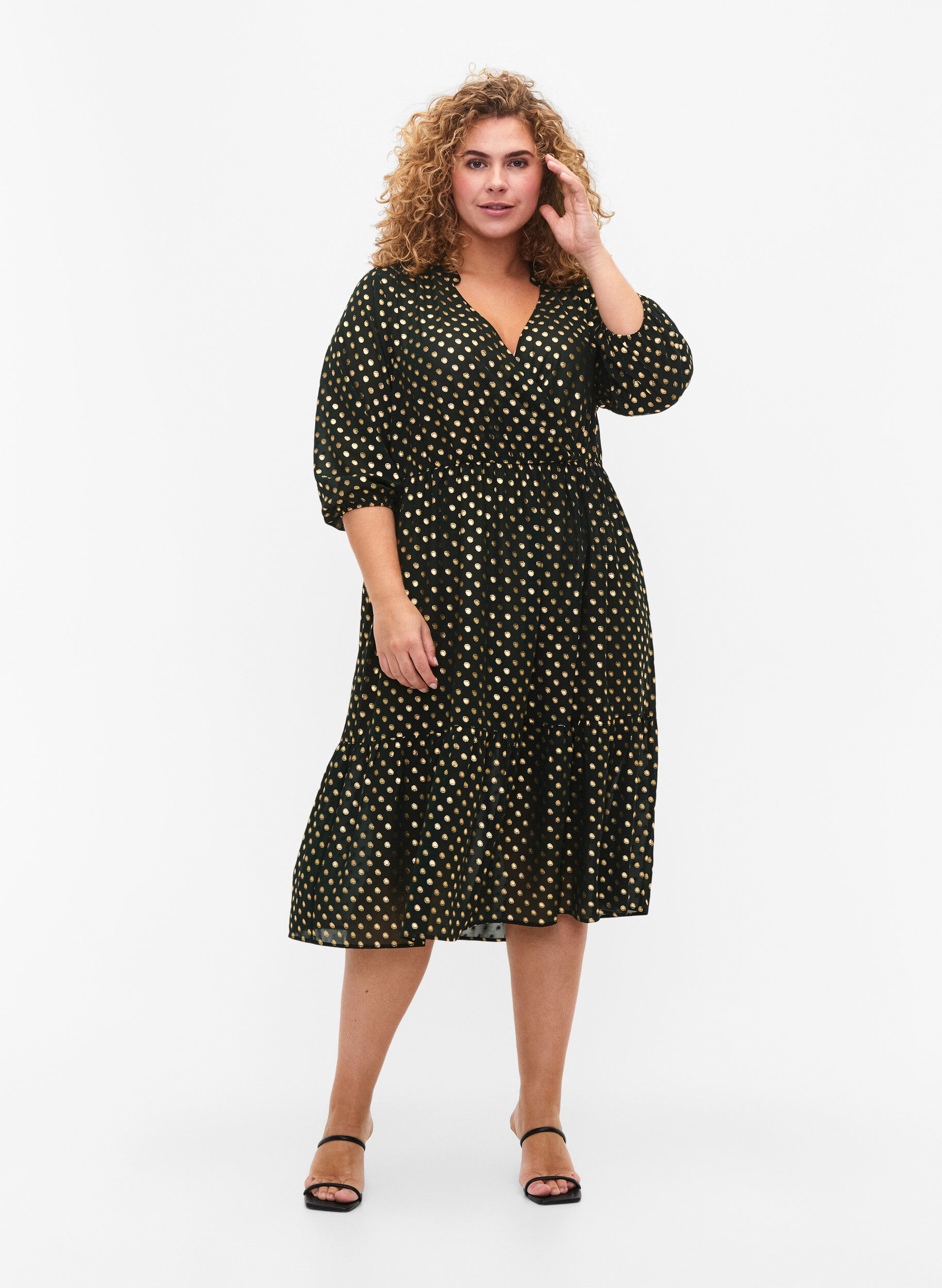 Zizzi Kjole med prikket foil print og 3/4 &aelig;rmer, Scarab w. Gold, Model image number 2