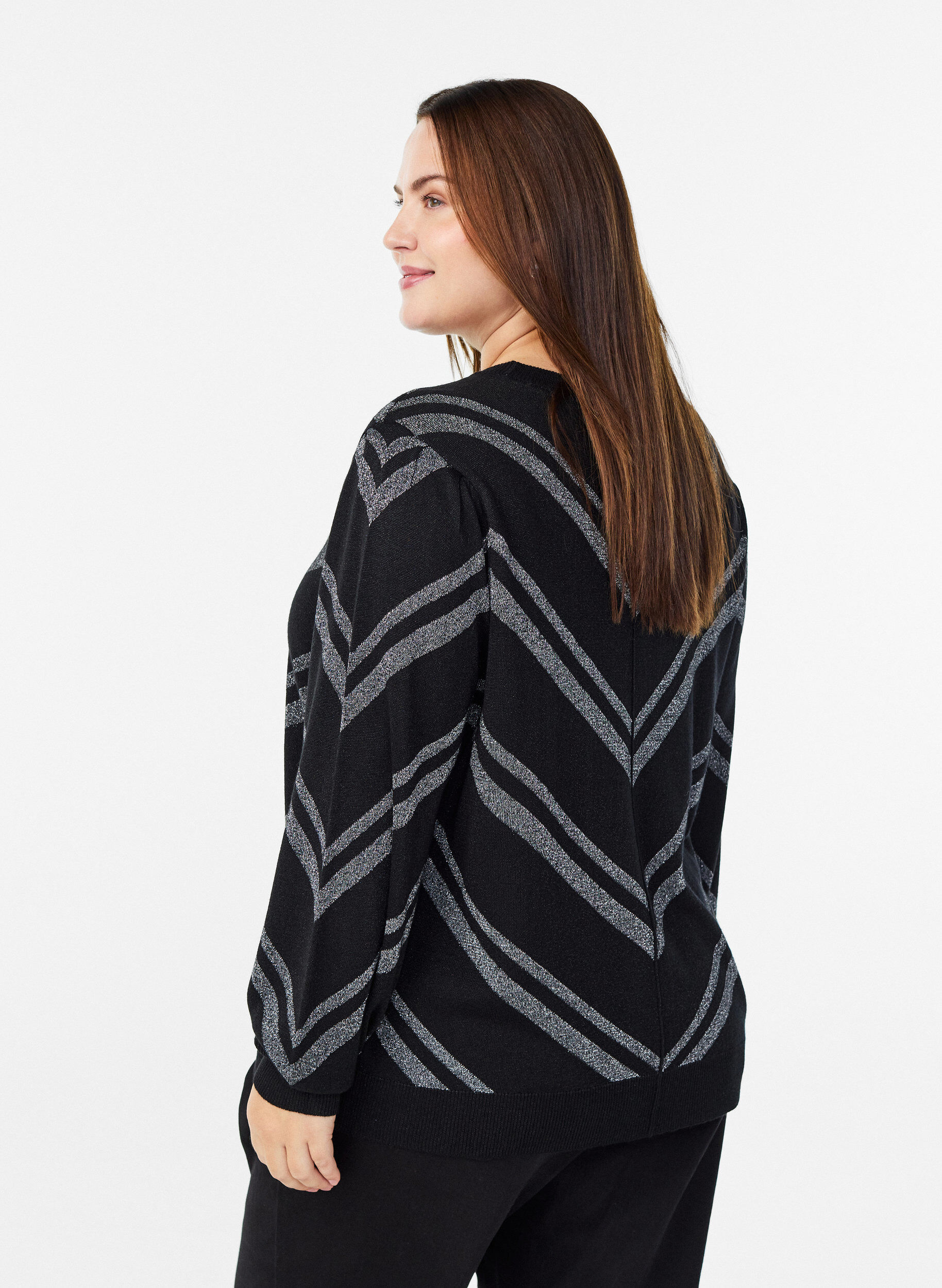 Zizzi M&oslash;nstret strikbluse med glimmereffekt, Sort, Model image number 2