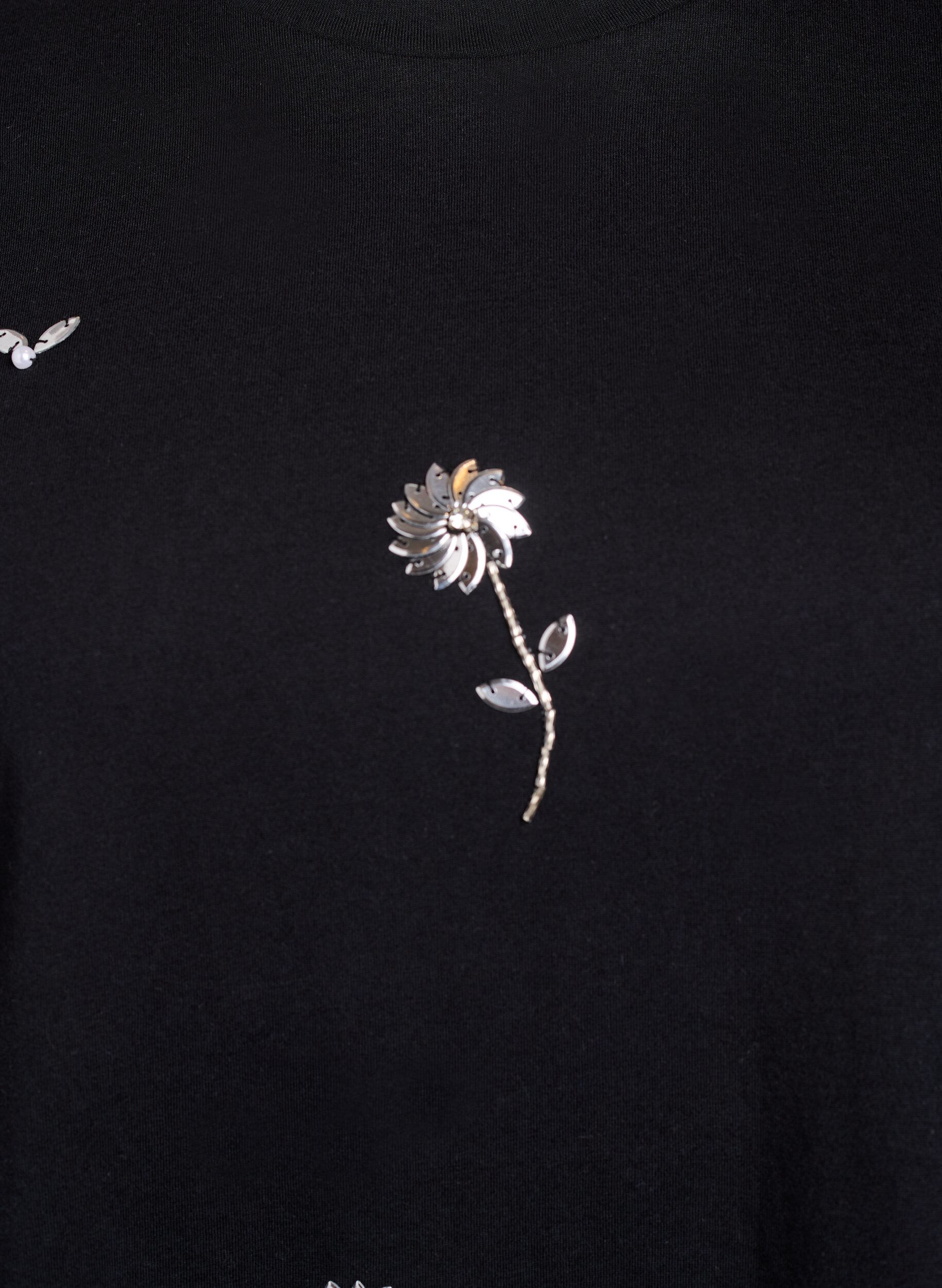 Zizzi T-shirt med paillet-blomster, Sort, Packshot image number 2