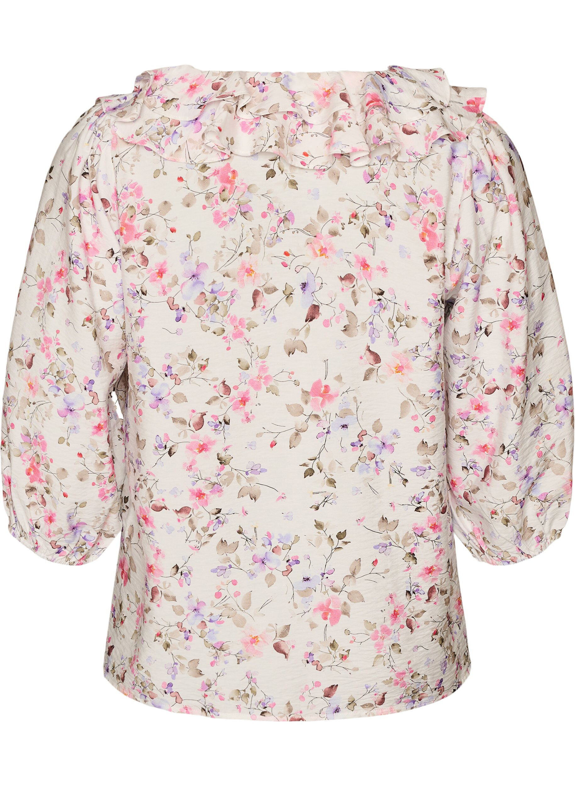 ZizziSkjortebluse i viskose med blomsterprint og 3/4 &aelig;rmer, Vanilla, Packshot image number 1