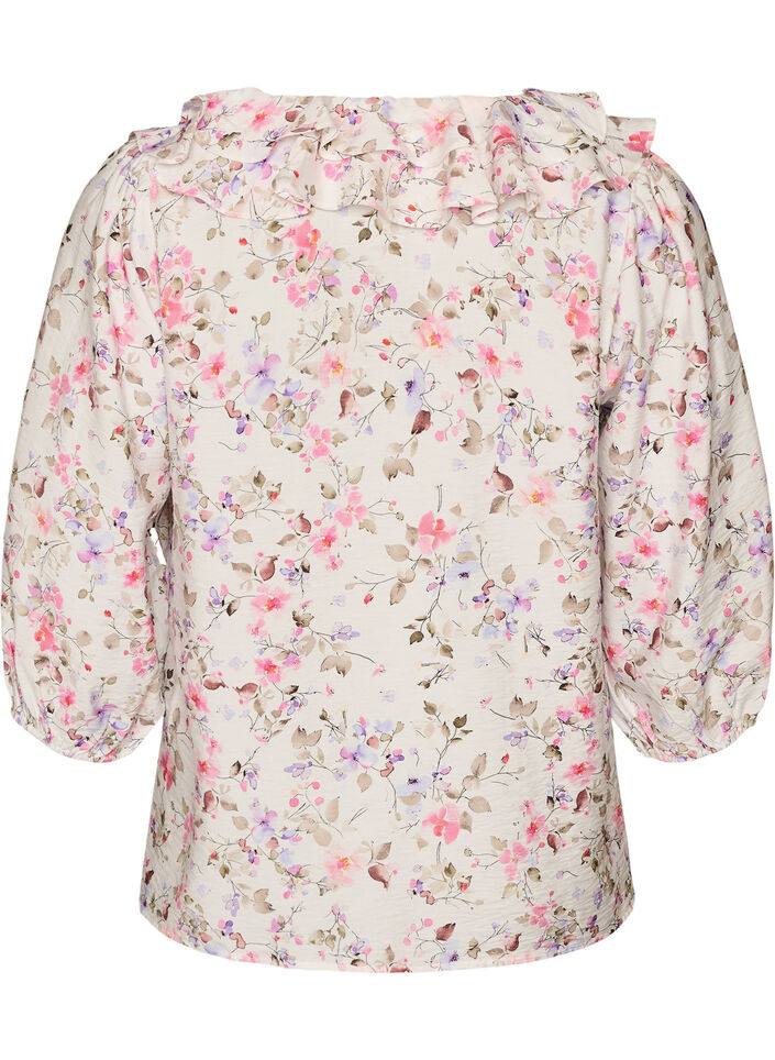 Skjortebluse i viskose med blomsterprint og 3/4 &aelig;rmer, Vanilla, Packshot image number 1