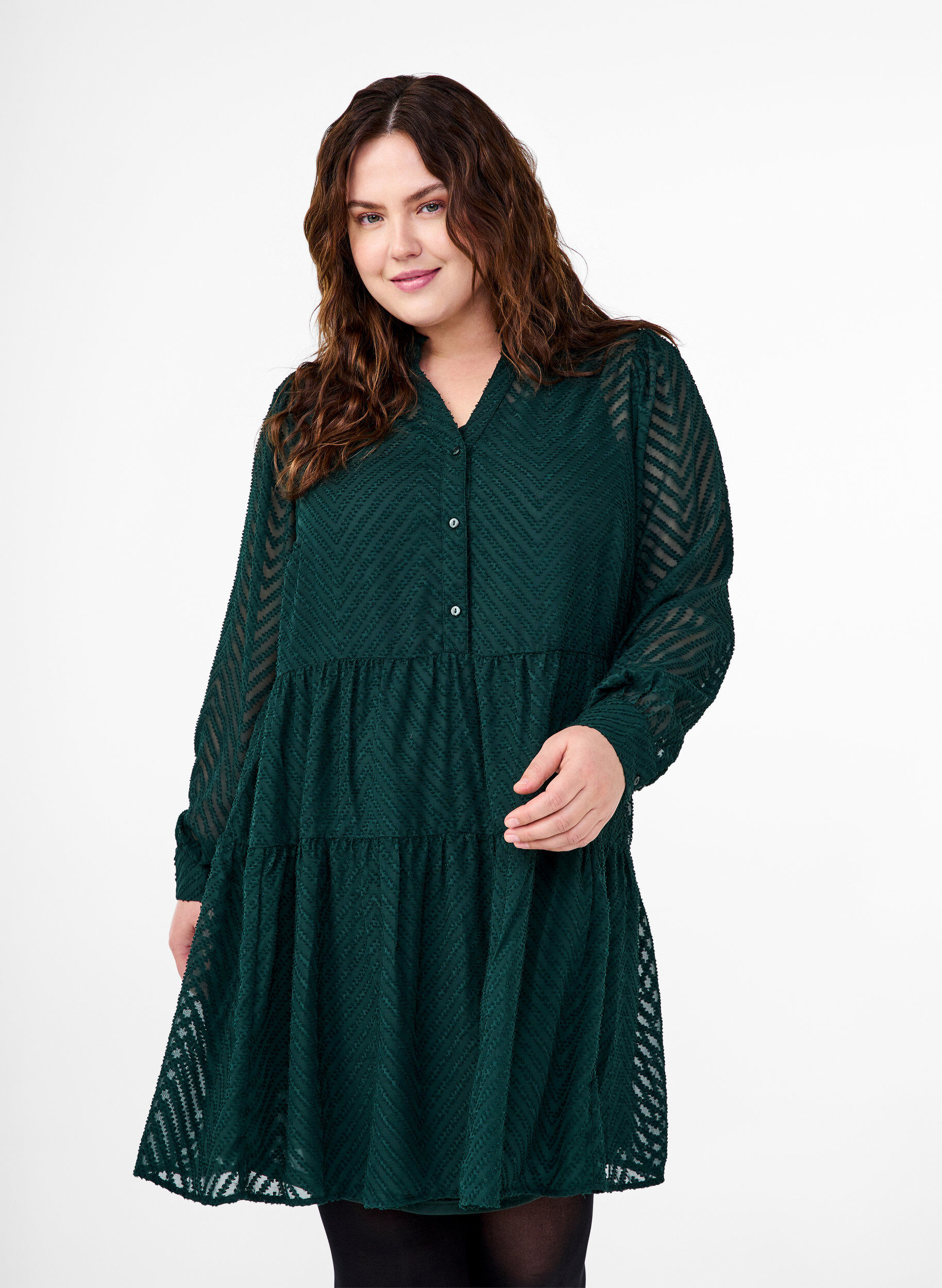 Zizzi Kort kjole med tekstur og fl&aelig;sekrave, Scarab, Model image number 0