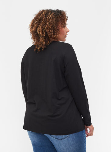 Ensfarvet bluse med lange ærmer, Black, Model image number 1