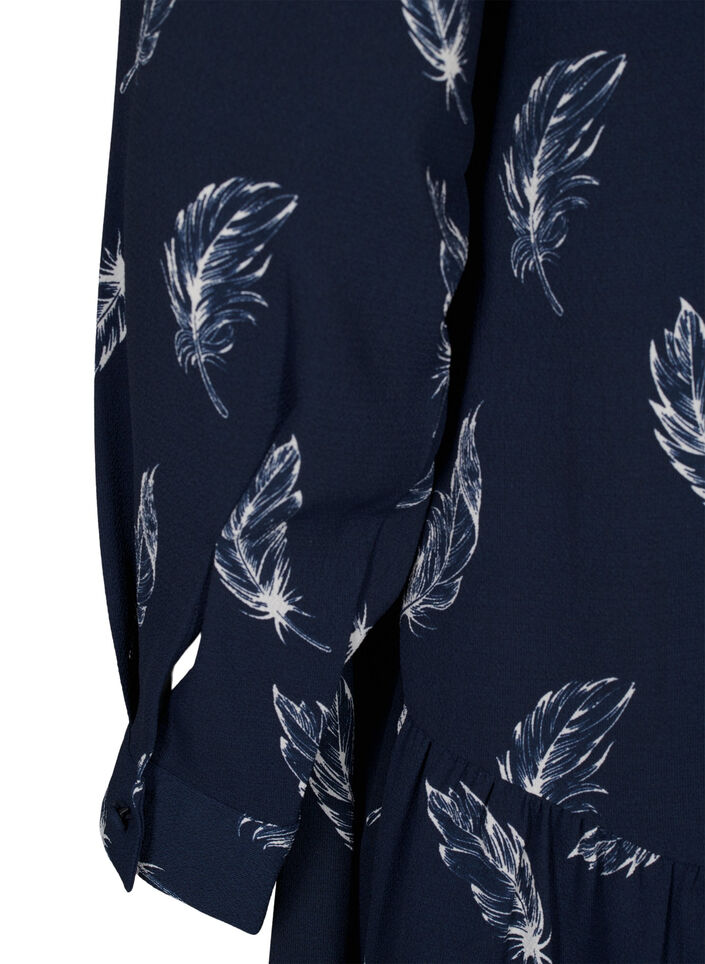 Midikjole med lange ærmer, Navy B. Feather AOP, Packshot image number 3