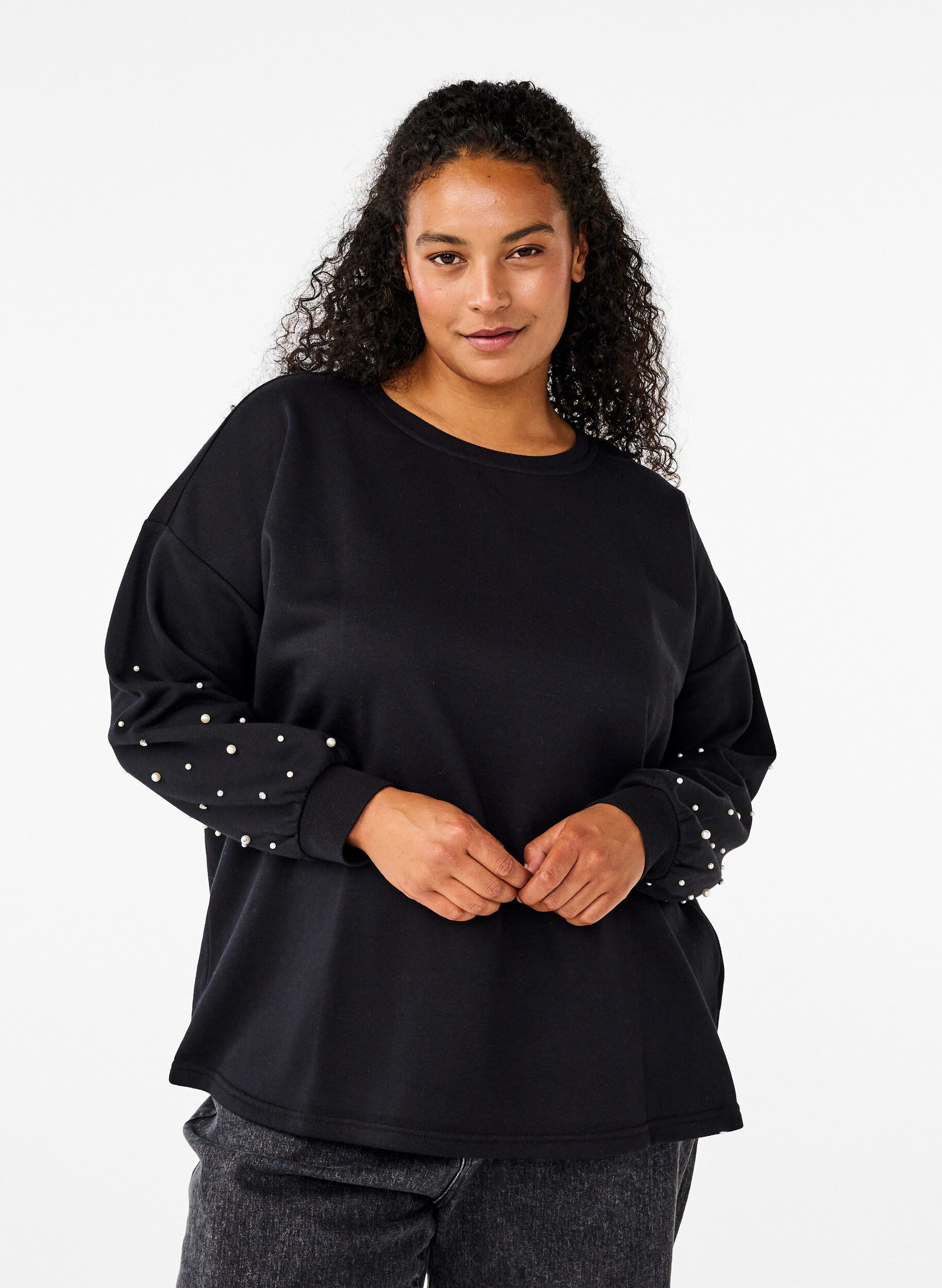 Zizzi Sweatshirt med perler, Black, Model image number 0