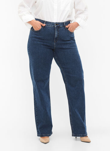 Højtaljede Gemma jeans med straight fit, Dark blue, Model image number 2