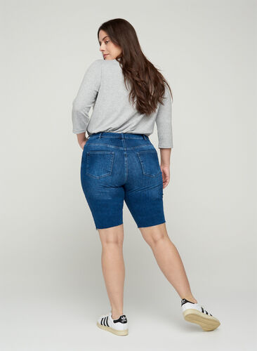 Amy denim shorts med høj talje, Blue denim, Model image number 1