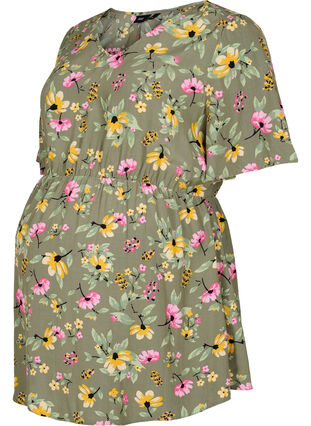Blomstret graviditets bluse i viskose, Green Flower Print, Packshot image number 0