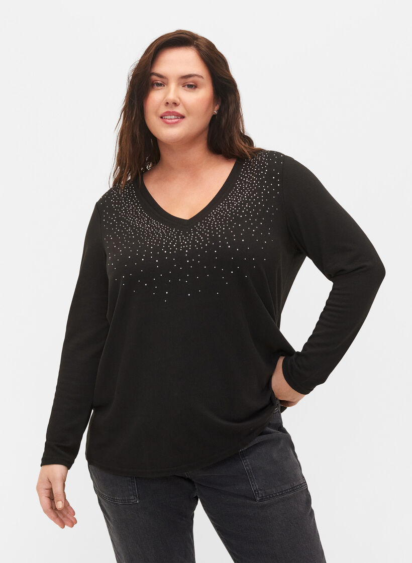 Bluse med similisten og lange ærmer, Black, Model image number 0