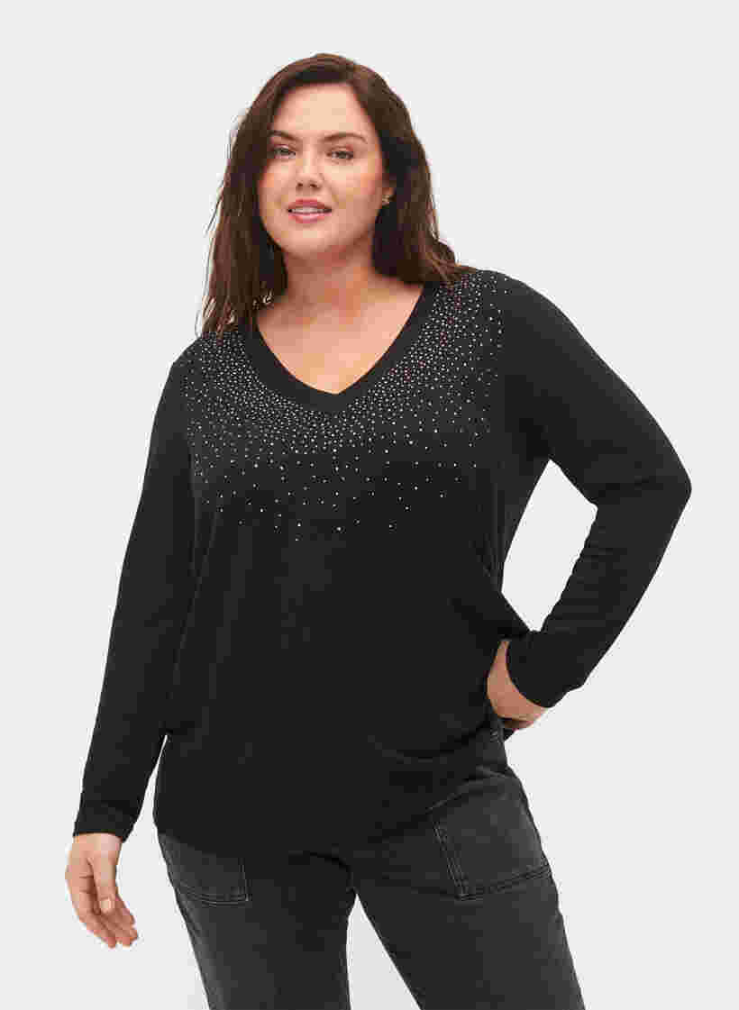 Bluse med similisten og lange ærmer, Black, Model image number 0