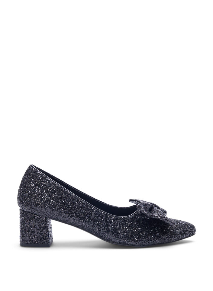 Wide fit - Glitter pump med sløjfe, Sort, Packshot image number 0