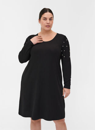 Kjole med lange pufærmer og perler, Black, Model image number 0