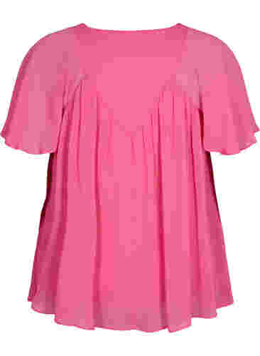 Ensfarvet bluse med flagermusærmer og v-hals, Shocking Pink, Packshot image number 1