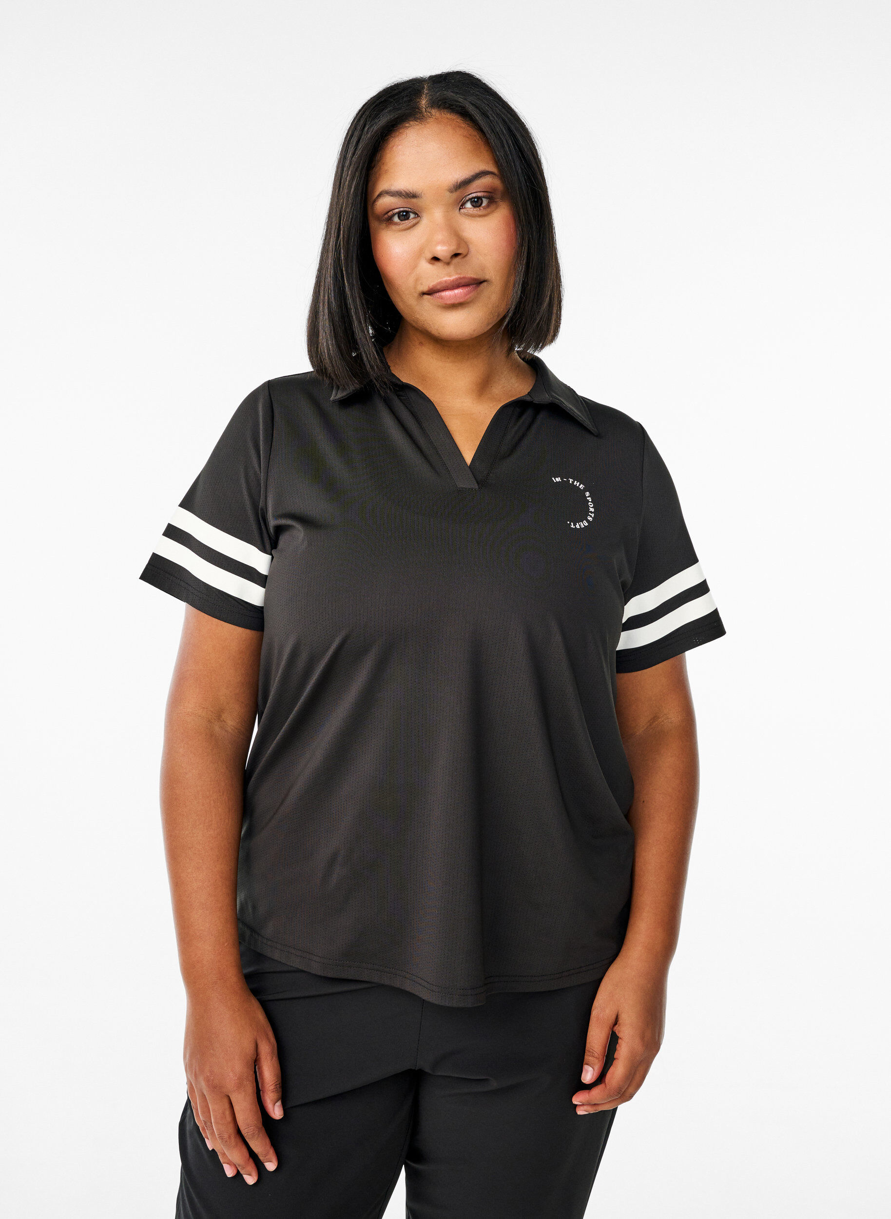 Sporty poloshirt med stribedetaljer, Sort, Model