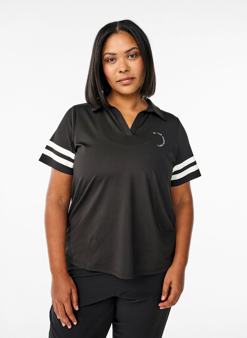 Sporty poloshirt med stribedetaljer, Sort, Model image number 0