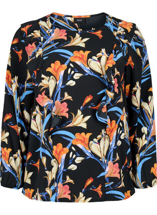 Langærmet bluse med flæser, Black Flower AOP, Packshot image number 0