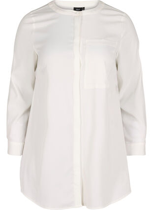 Lang ensfarvet skjorte med brystlomme, Warm Off-white, Packshot image number 0