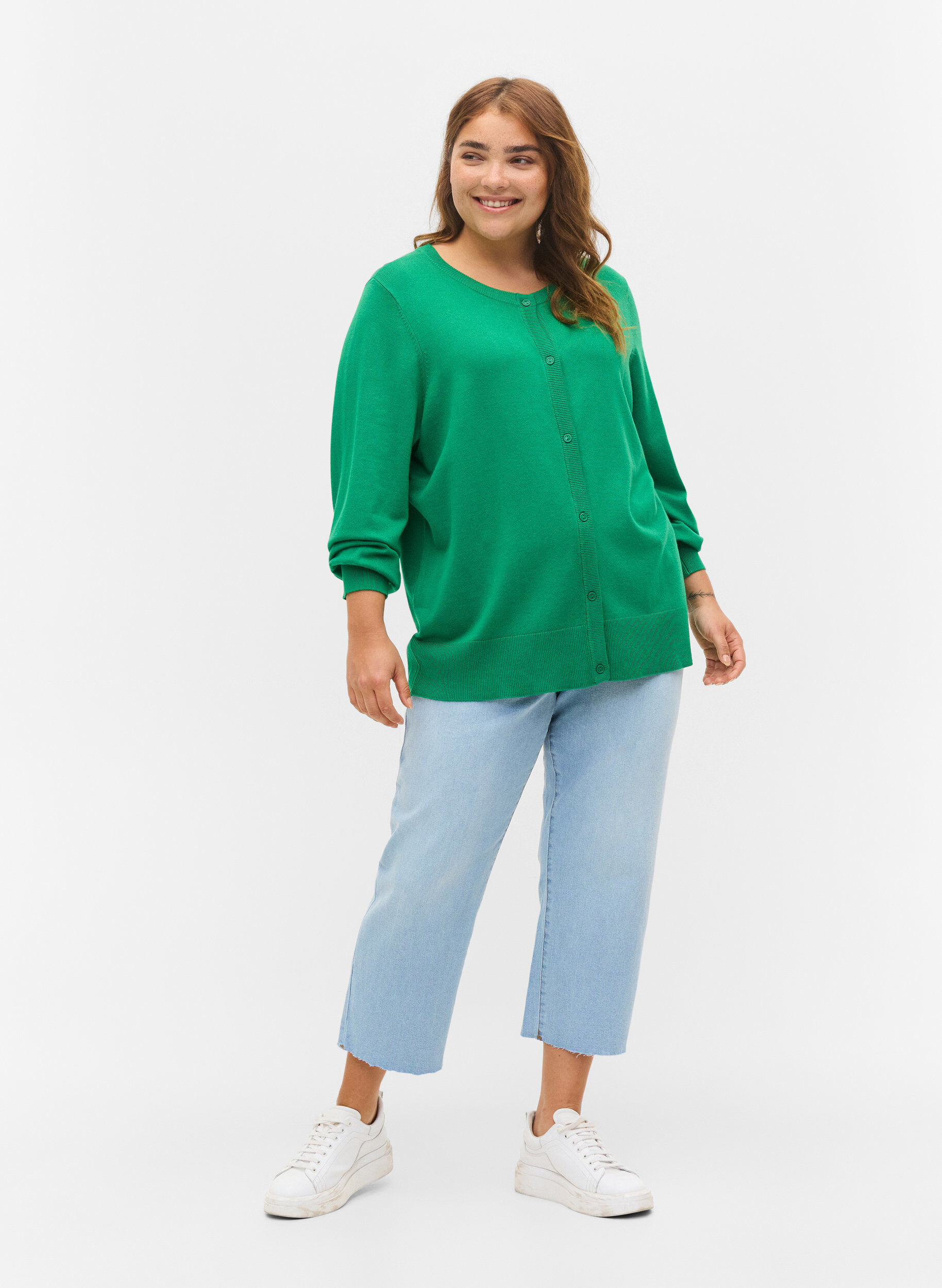 Zizzi Strikket cardigan med knapper i viskosemix, Jolly Green, Model image number 2
