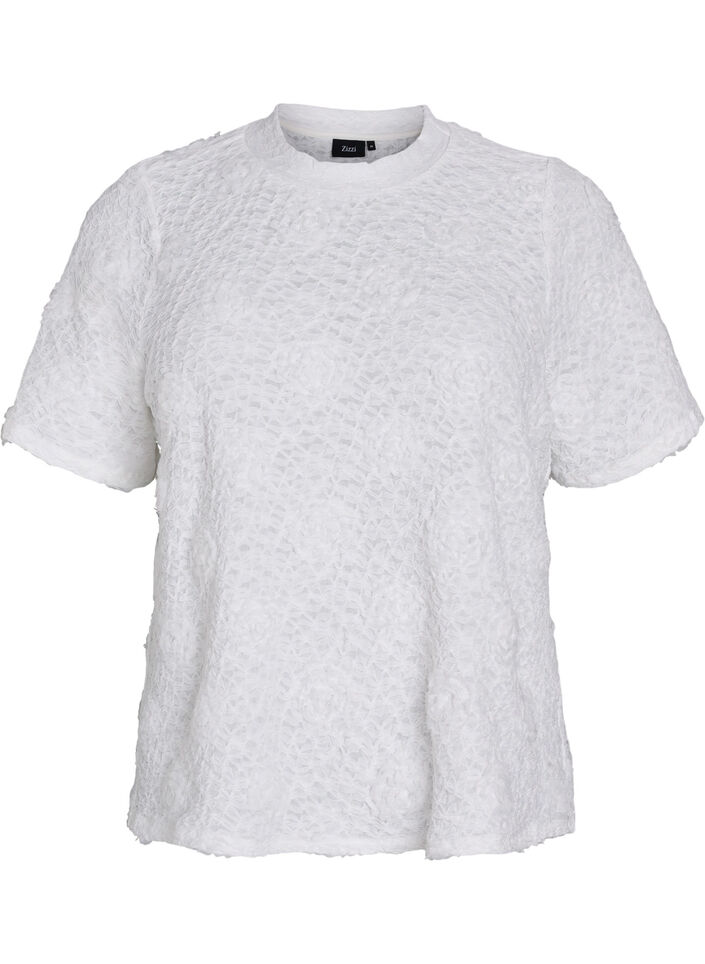 Bluse med 3D blomster og korte ærmer, Hvid, Packshot image number 0