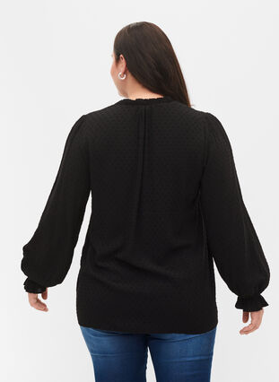 Langærmet bluse med smock- og flæsedetaljer, Black, Model image number 1