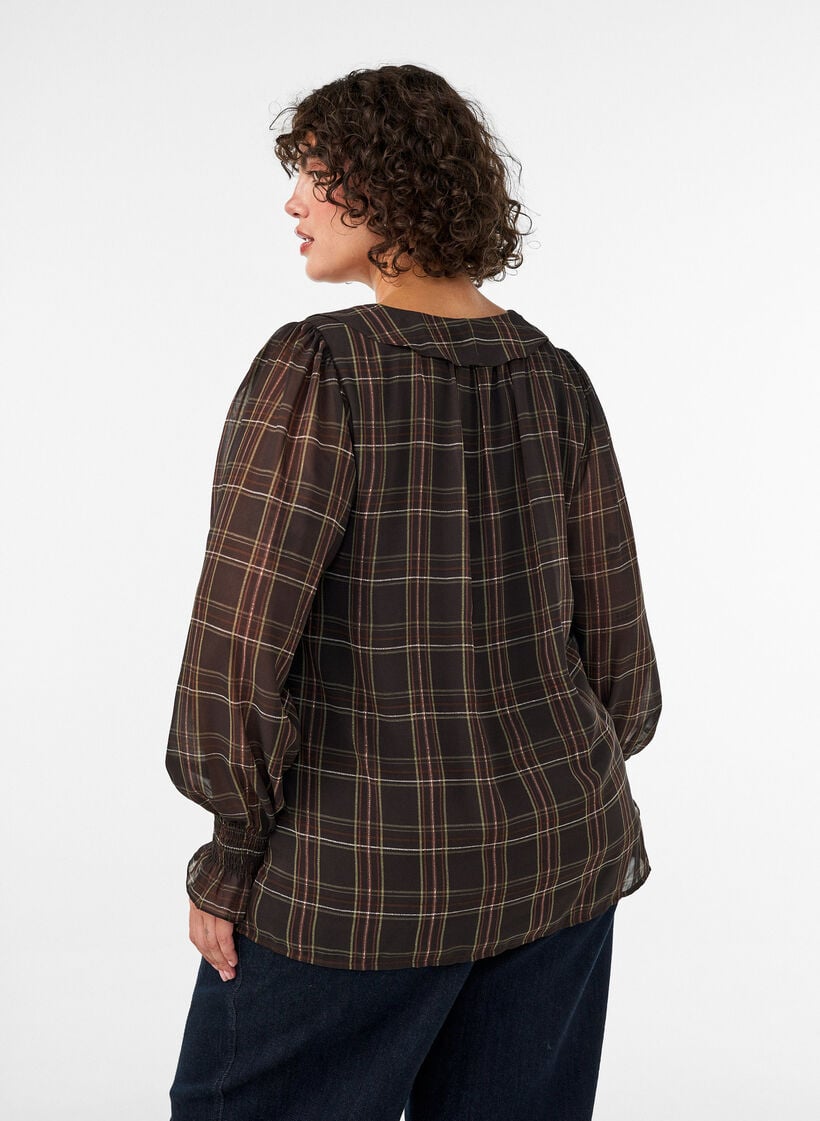 Bluse med tern og fl&aelig;sedetaljer, Gr&oslash;n, Model image number 2