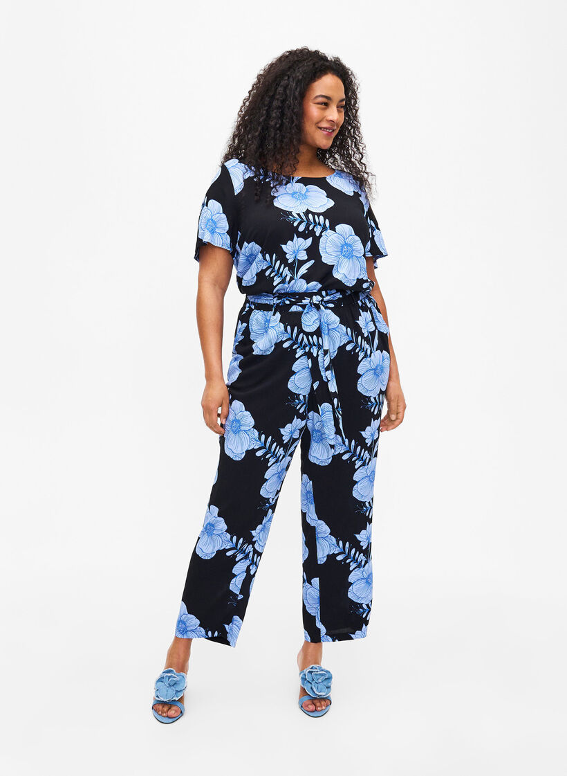 FLASH - Kortærmet bluse i viskose med print, Sort, Model image number 1