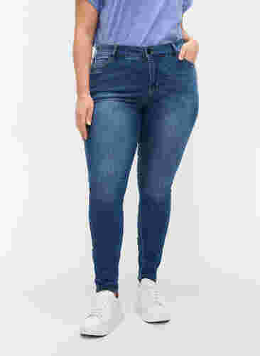 Super slim Amy jeans med sløjfe og lynlås, Dark blue, Model image number 3